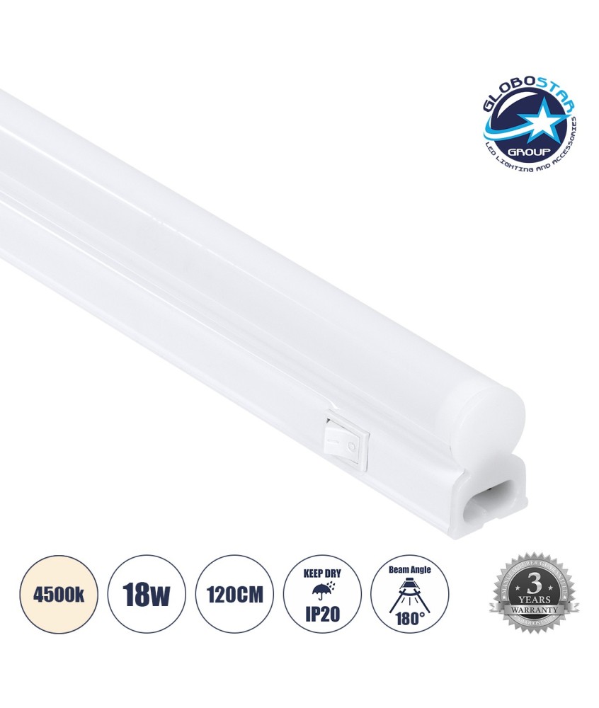GloboStar® TUBO 60791 Γραμμικό Φωτιστικό Οροφής Linear LED Τύπου T5 Επεκτεινόμενο 18W 1764lm 180° AC 220-240V IP20 Πάγκου Κουζίνας με Διακόπτη On-Off Μ120 x Π2.2 x Υ3.5cm Φυσικό Λευκό 4500K - Λευκό - 3 Years Warranty